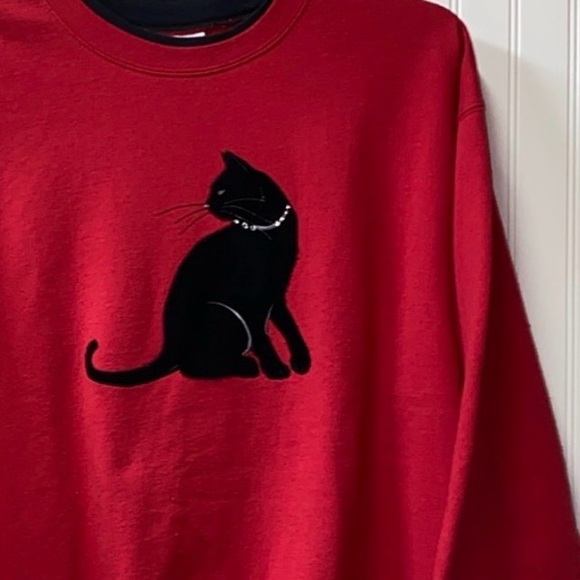 The Country Store Tops - Y2K Black Cat Sweatshirt 2XL Goth Vintage Velour Cat Lover 2000s Granny